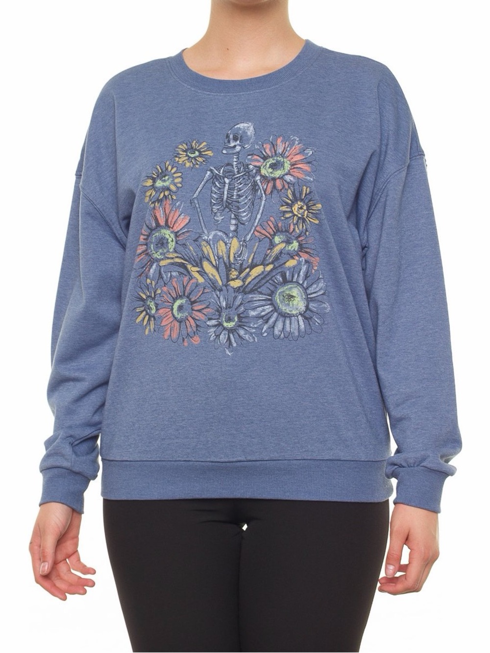 American Eagle Blue Skeleton Crewneck Pullover Flowers Women’s Small Spooky SZN